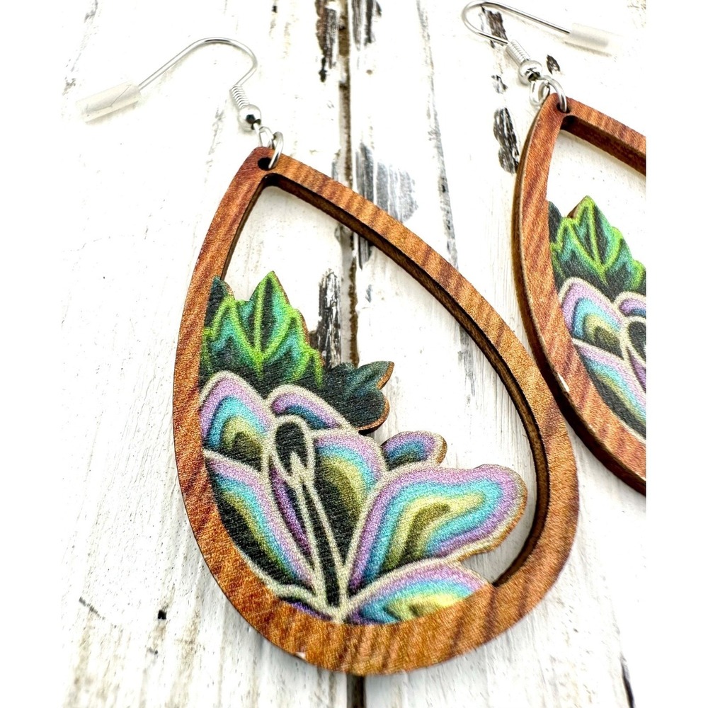 Purple Flowers in Chestnut Wood Teardrop Frame Earrings - Picture 2 of 3